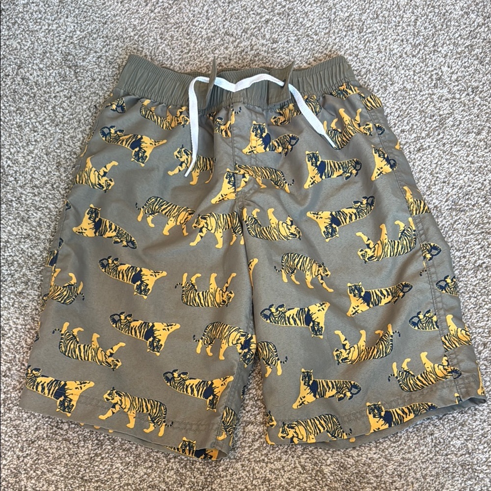 Hanna Andersson Boys Tiger Swim Trunks with matching bucket hat